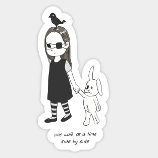 Odd friendship between a girl, rug bunny girl and a crow Sticker